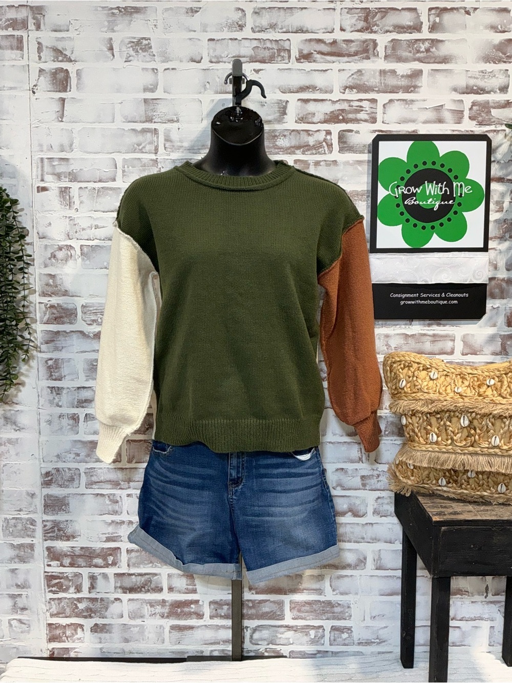 Colorblock Knit Sweater in Olive, Cream & Rust